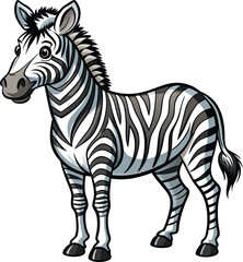 Cute cartoon zebra standing on a white background with black and white stripes