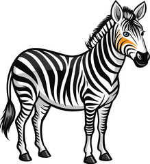 Stylized cartoon zebra standing proudly with blue eyes and orange markings