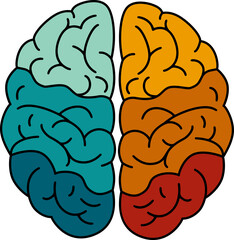 Stylized human brain with colorful hemispheres illustrating left and right brain function concept for education or mental health awareness.