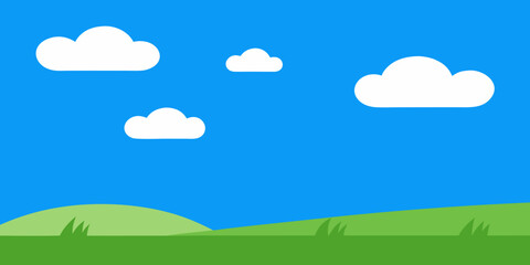 Obraz premium Blue sky, green field, and summer clouds create a beautiful nature landscape with distant hills