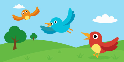 A cute vector cartoon illustration of colorful birds flying from a branch in a spring tree, forming a funny design