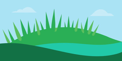 Obraz premium Green grass and blue sky landscape vector illustration with mountains, a fresh summer field of growth and design