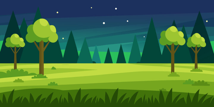 Morning to night, this vector illustration captures a serene landscape with a green golf course, rolling hills, and a sky filled with dynamic clouds
