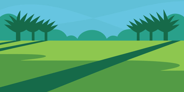Green landscape with trees, rolling hills, and a summer sky