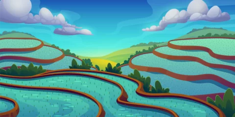 Fototapeten Bauernhof Rice field landscape background, vector agriculture and farm. Cartoon mountain plantation of paddy plant rural nature landscape. Flooded rice fields of asian terrace farm on mountain hills with paddy  © Buch&Bee