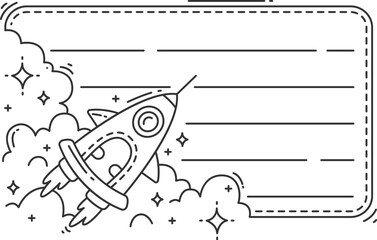 Galaxy space stars, planets and rockets kids memo note frame sticker for children activities. Vector black and white linear bullet journal writing template featuring shuttle launching through clouds