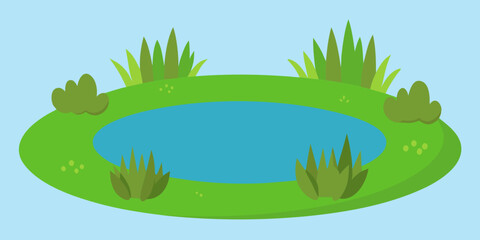 A vibrant illustration of a green planet earth with lush grass, clear water, and a serene blue sky over rolling hills and a distant mountain horizon