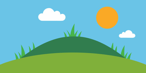 Obraz premium Bright summer landscape featuring green grass, blue sky, and a sunny meadow with clouds