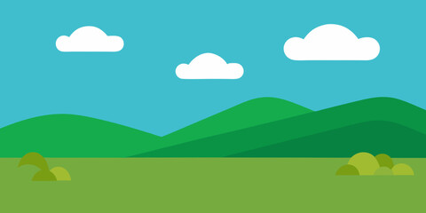 Fototapeta premium Vector illustration of a summer mountain landscape with green hills, clouds, and a bright sky