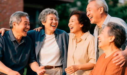 Happy multiethnic mature friends laughing together