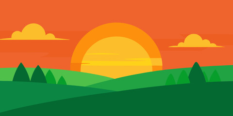 Obraz premium Vector illustration of a vibrant summer landscape with green grass, rolling hills, a bright sun, and a blue sky with fluffy clouds, perfect for nature-themed designs