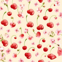 seamless cherry pattern, Vibrant Sweet Cherries and Delicate Pink Flowers Pattern for Summer Fruit Design

