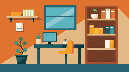 Vector illustration of a living room interior with home furniture, bookshelf, and computer desk