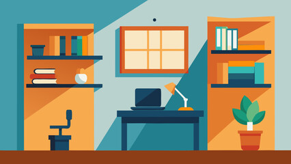 A modern interior design featuring a set of stylish room furniture, including a desk, chair, and bookshelf, with a vector illustration of a contemporary kitchen