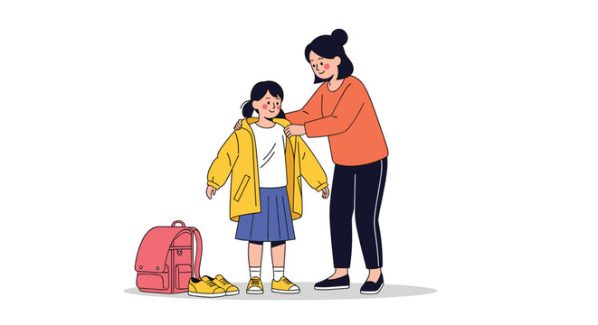 Mother helps daughter put on yellow jacket before going to school with backpack nearby