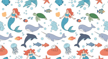 Fototapeta premium Enchanting underwater realm full of mermaids dolphins whales and tropical fish creates a whimsical ocean pattern