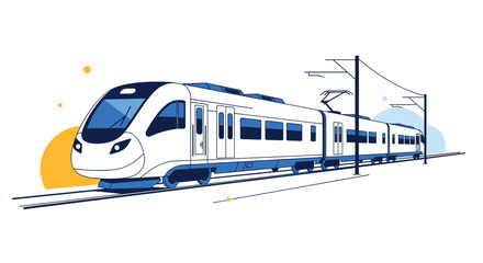 Naklejka premium Modern high speed passenger train traveling on rails through a bright landscape with yellow circles and blue arches