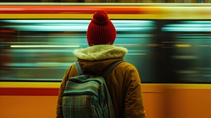 Person awaiting a moving train