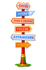 Amusement park sign board signage, carnival circus signboard. Cartoon vector bright and playful directional signpost with arrows pointing to restrooms, food, drinks, prizes, attractions and tickets © Buch&Bee