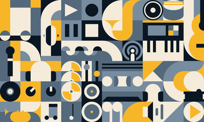 Music and sound geometric pattern background with musical elements. Abstract vector retro modular tile with retro shapes of microphone, headphones, vinyl, notes, cd, speaker, piano and podcast icons