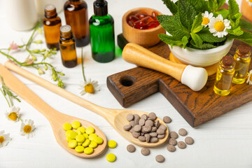 Alternative medicine herbal capsule organic drug on wooden background.Assortment of herbal and tablets,vitamins and dietary supplements.medicinal and Healing herbs.natural supplements for healthy life