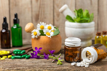 Alternative medicine herbal capsule organic drug on wooden background.Assortment of herbal and...
