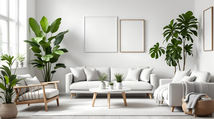 Bright Living Room Interior with White Furniture and Green Plants