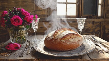 A freshly baked loaf of bread sits on a silver plate. Steam rises from the bread. A vase of pink roses and two crystal glasses are on the wooden table.