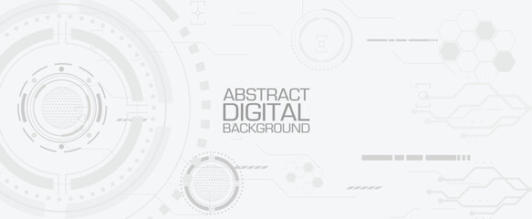 Abstract digital background with tech circles and hexagon elements on a light gray theme
