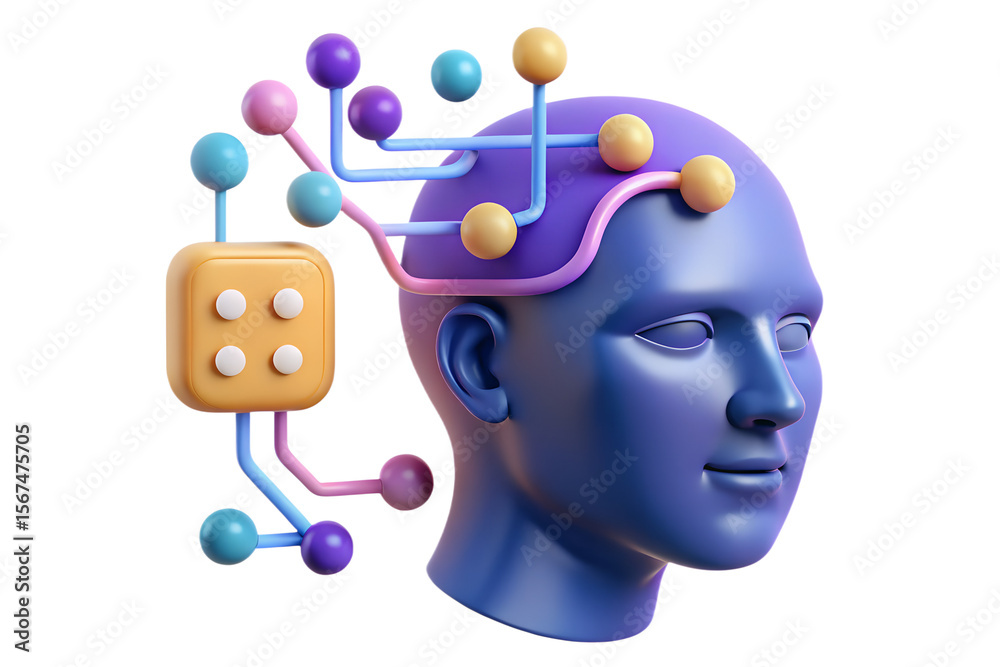 Poster conceptual artificial intelligence illustration displaying a human head connected to processing unit