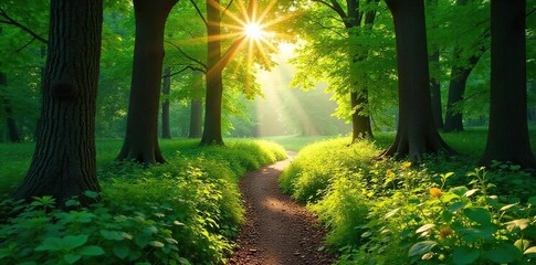 Obraz premium Magical Sunlit Forest Path A Meandering Autumn Woodland Trail, Lush Green Canopy, Sunlight Filtering Through Leaves, Perfect for Nature, Travel, and Environmental Projects