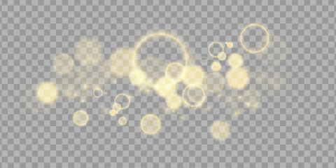 Golden bokeh light effect on transparent background, perfect for festive, elegant, or magical designs.