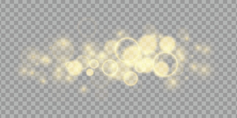 Golden bokeh light effect on transparent background, perfect for festive, elegant, or magical designs.