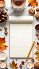 Cozy autumn vibes: hot chocolate, notebook, candles, fall leaves, and nuts flat lay image