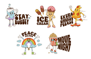 Fototapeta premium Fast food cartoon y2k groovy stickers. Playful retro snacks, rainbow, ice cream personages and typography slogans like stay bubbly, extra cheese please and movie night, evoking fun, nostalgic 70s vibe