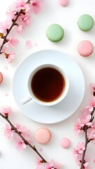 Cherry blossom tea time with macarons aesthetic spring background flat lay top view concept