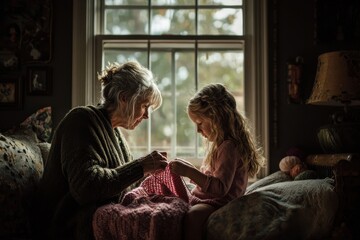 Grandmother and granddaughter sharing a moment of knitting.