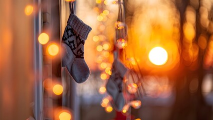 Christmas stockings hanging by window with christmas lights and sunset bokeh background