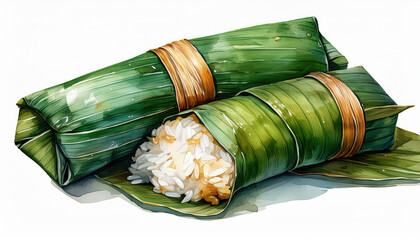Delicious rice wrapped in banana leaves showcases local delicacy with vibrant colors and tropical feel