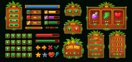 Aztec Inca Maya Mexican game ui interface and button elements asset. Cartoon vector jungle and tropical adventure or platform game gui kit sliders, level menus and icons, hearts, potions, gems, stars