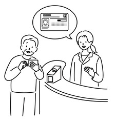 病院でマイナンバーカードを提示する高齢者（おじいさん）線画