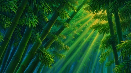 Sunbeams Filtering Through Lush Bamboo Forest