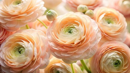 Delicate petals of soft peach ranunculus flowers in close-up detail with intricate patterns and subtle color gradations, intricate, blossom