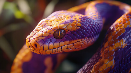 Fototapeta premium Vivid rainforest snake wrapped around glowing foliage high resolution picture