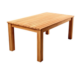 A wooden table with a slatted top is isolated on transparent background