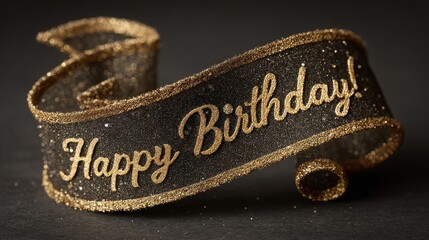 Elegant Black Glitter Ribbon with Gold "Happy Birthday" Text, Shimmering Festive Sparkles on Dark Background, Ideal for Premium Celebratory Cards, Banners, Digital Media, Upscale Event Decor