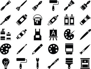 Comprehensive Set of Black and White Art Supplies Icons