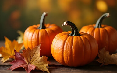 Autumn Pumpkins on Wooden Surface
