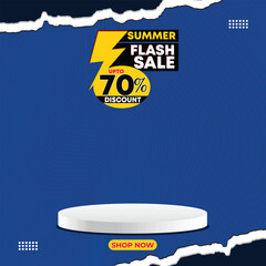 Summer Flash Sale Banner Design – Up to 70% Discount Offer Template.
abstract blue background, ripped paper texture effect, and product display podium.
Perfect for e-commerce, seasonal promotions,