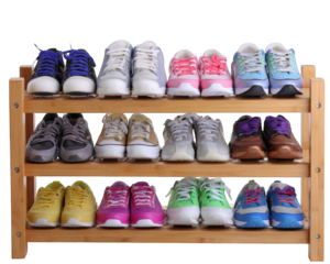 Three tier bamboo shoe rack with multiple pairs of colorful sneakers organized neatly, isolated on transparency background, modern home storage solution, cheerful and tidy appearance